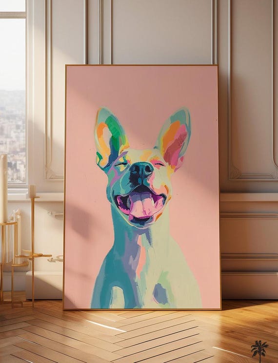 Happy Easter Dog Whimsical Animal Art Colorful Pastel Painting Smiling Print For Lovers Cute Home Wall Decor
