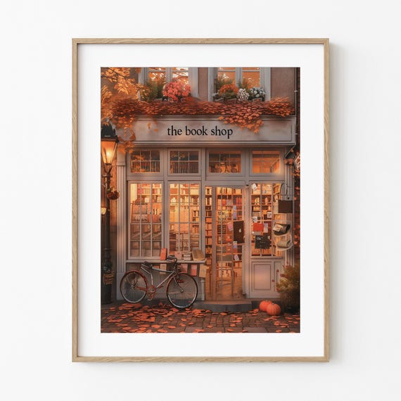 Autumn Book Shop Fall Downtown Art Print Store Rustic Colorful Painting Lover Wall Decor Cozy Warm Tone