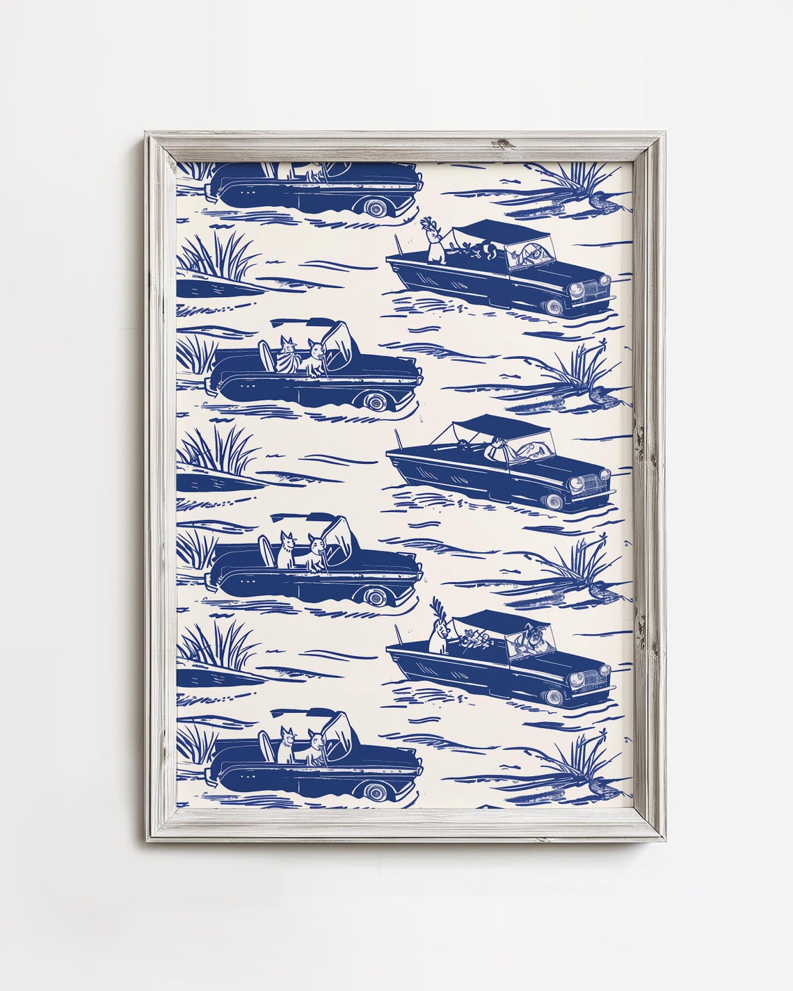Dogs Driving Vintage Cars Navy Toile Pattern Whimsical Art Poster