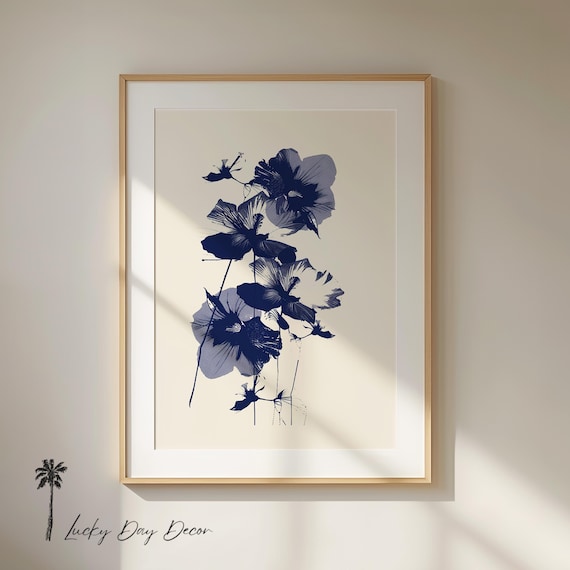 Navy Blue Hibiscus Blooms Ink Style Minimal Botanical Poster