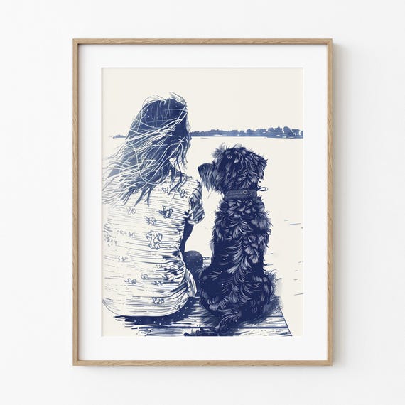 Lake My Doodle Delightful Coastal Dog Art Happy Beach Labradoodle Cottage Water Decor Minimalist Blue Sketch Print