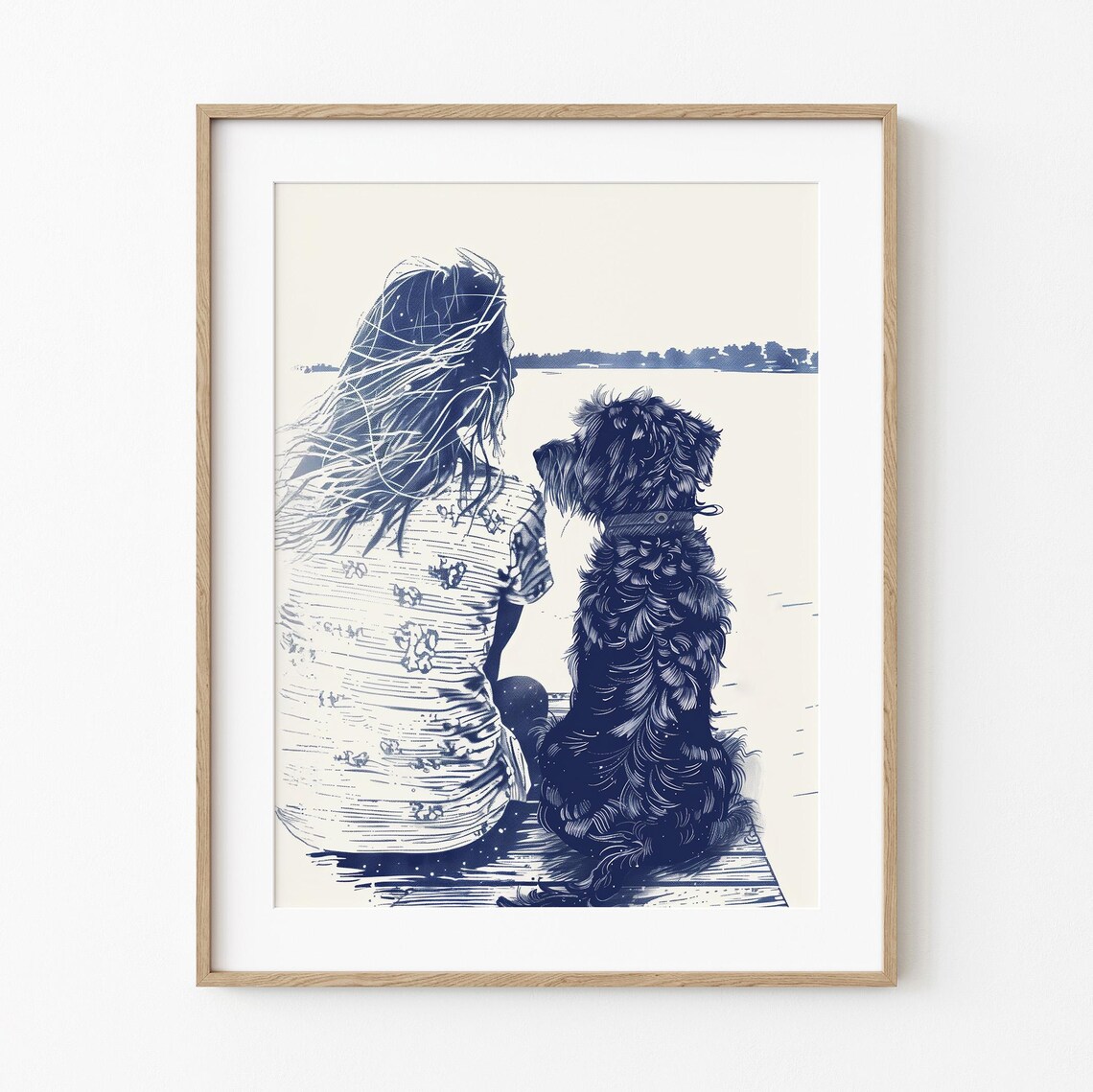 Girl with Shaggy Dog Sitting on Dock Gazing at Water Art Print
