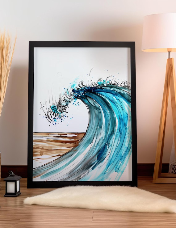 Curling Turquoise Ocean Wave Watercolor Beach Surf Art Poster