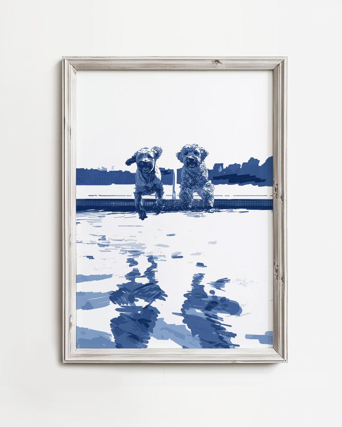 Golden Doodles Jumping Pool Playful Blue Ink Sketch Dog Poster