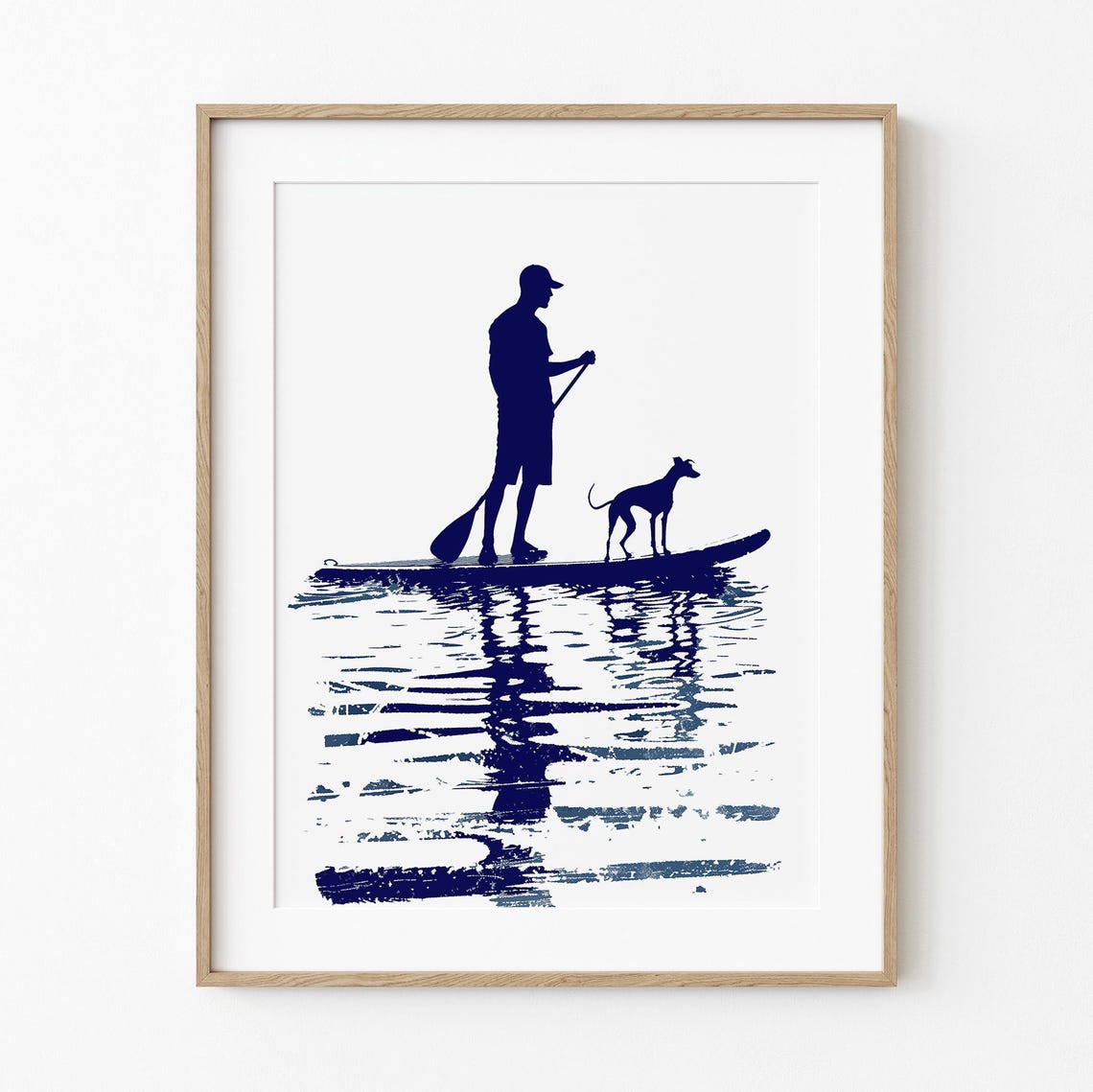 Paddleboarding Man With Happy Dog Poster In Navy Silhouette Art