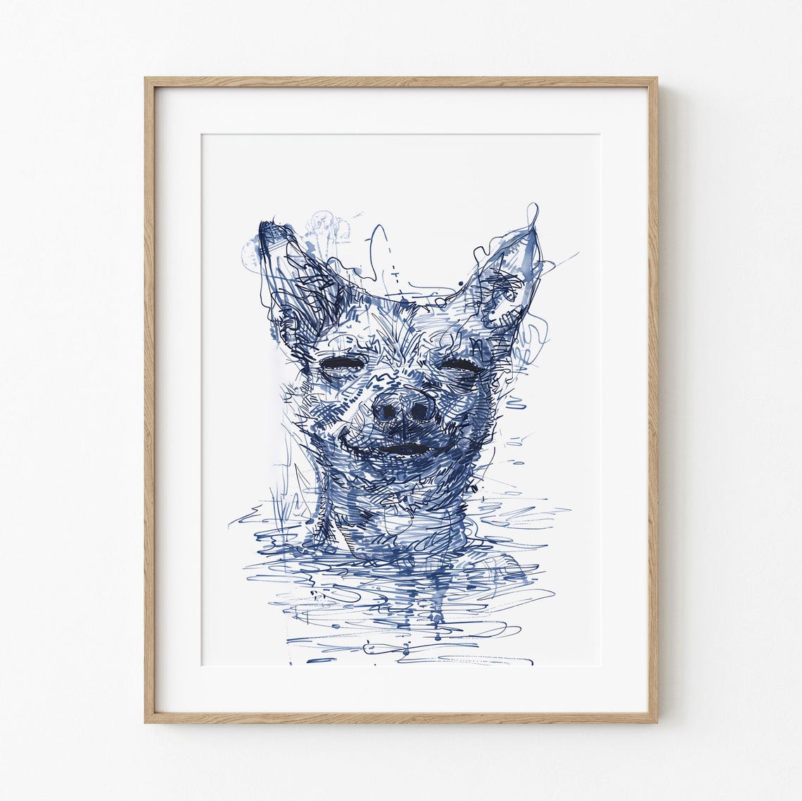 Smiling Dog Blue Ink Sketch Expressive Joyful Pet Art Poster