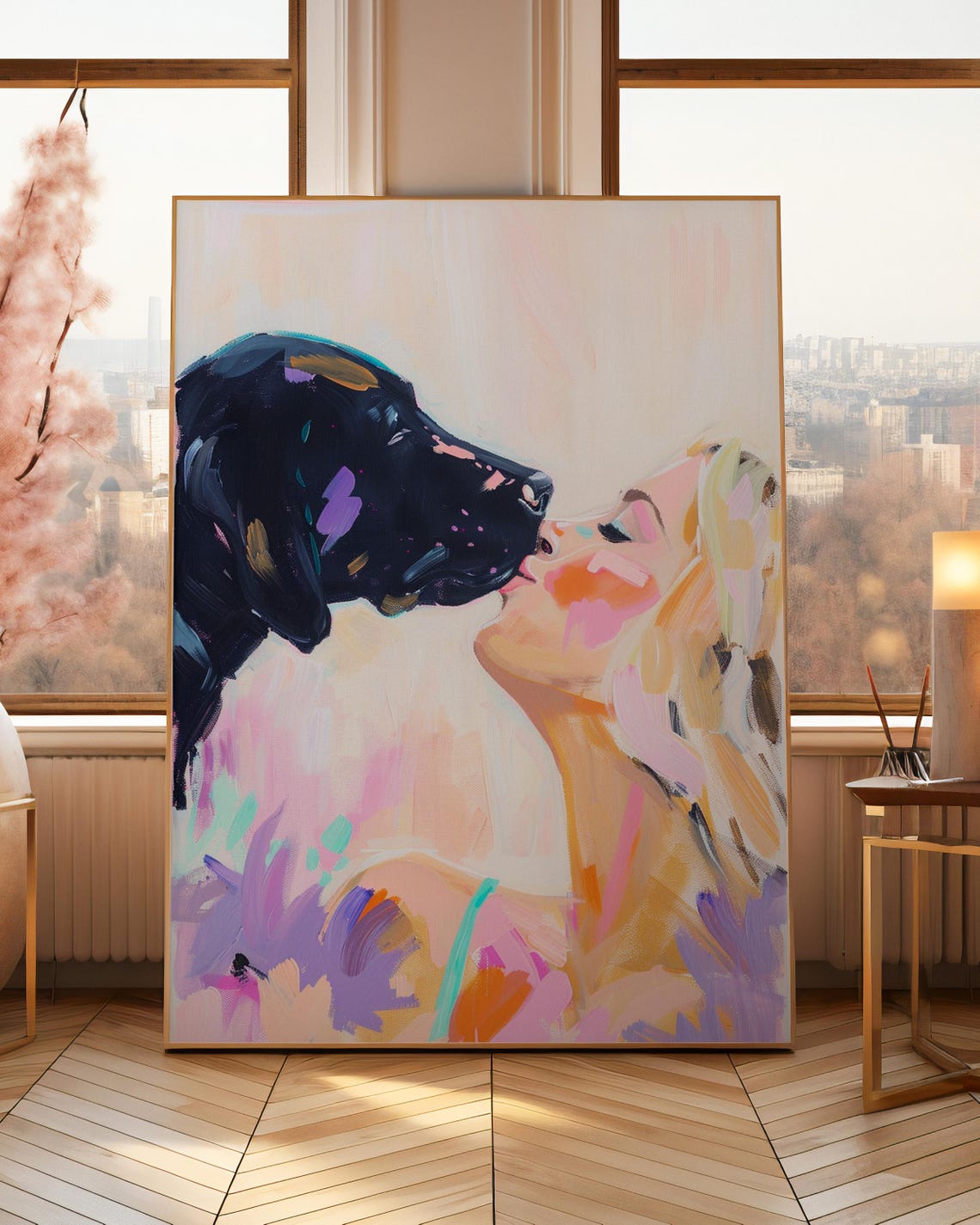 Black Dog Kissing Woman Pastel Impressionist Love Painting Poster