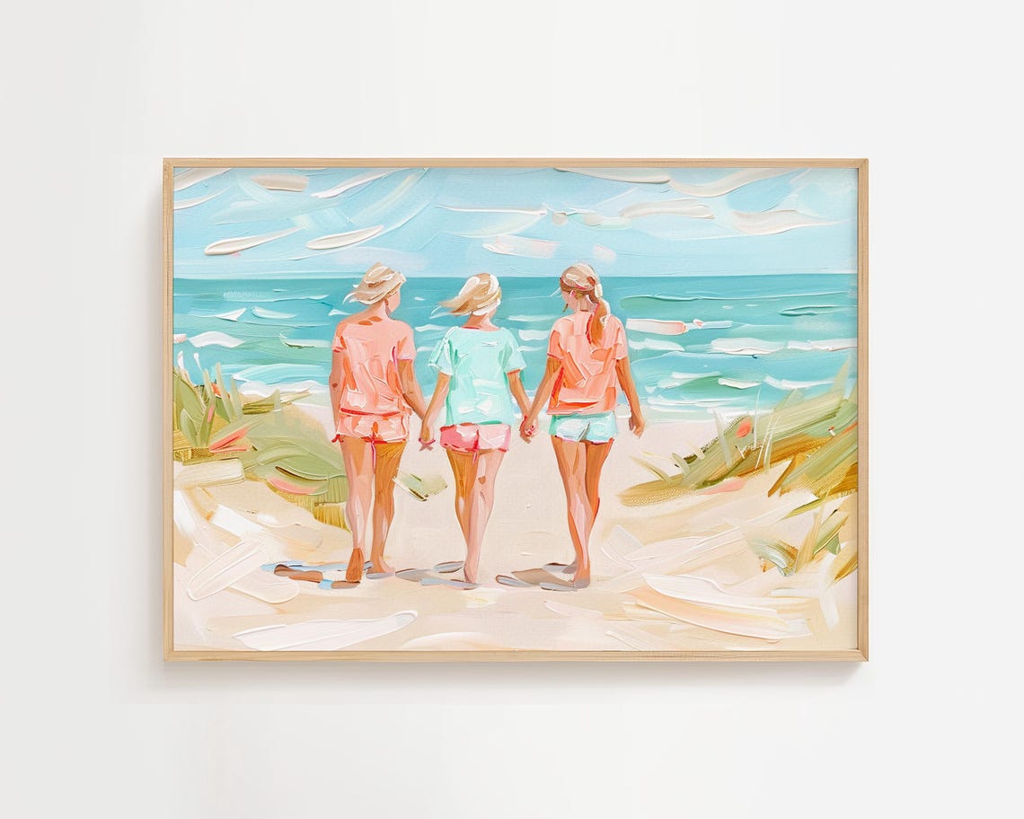Three Girls Walking to the Beach Sisters Summer Pastel Painting Poster