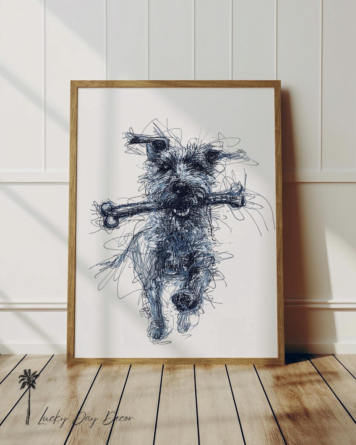 Scruffy Terrier Holding Bone Expressive Ink Sketch Happy Dog Poster