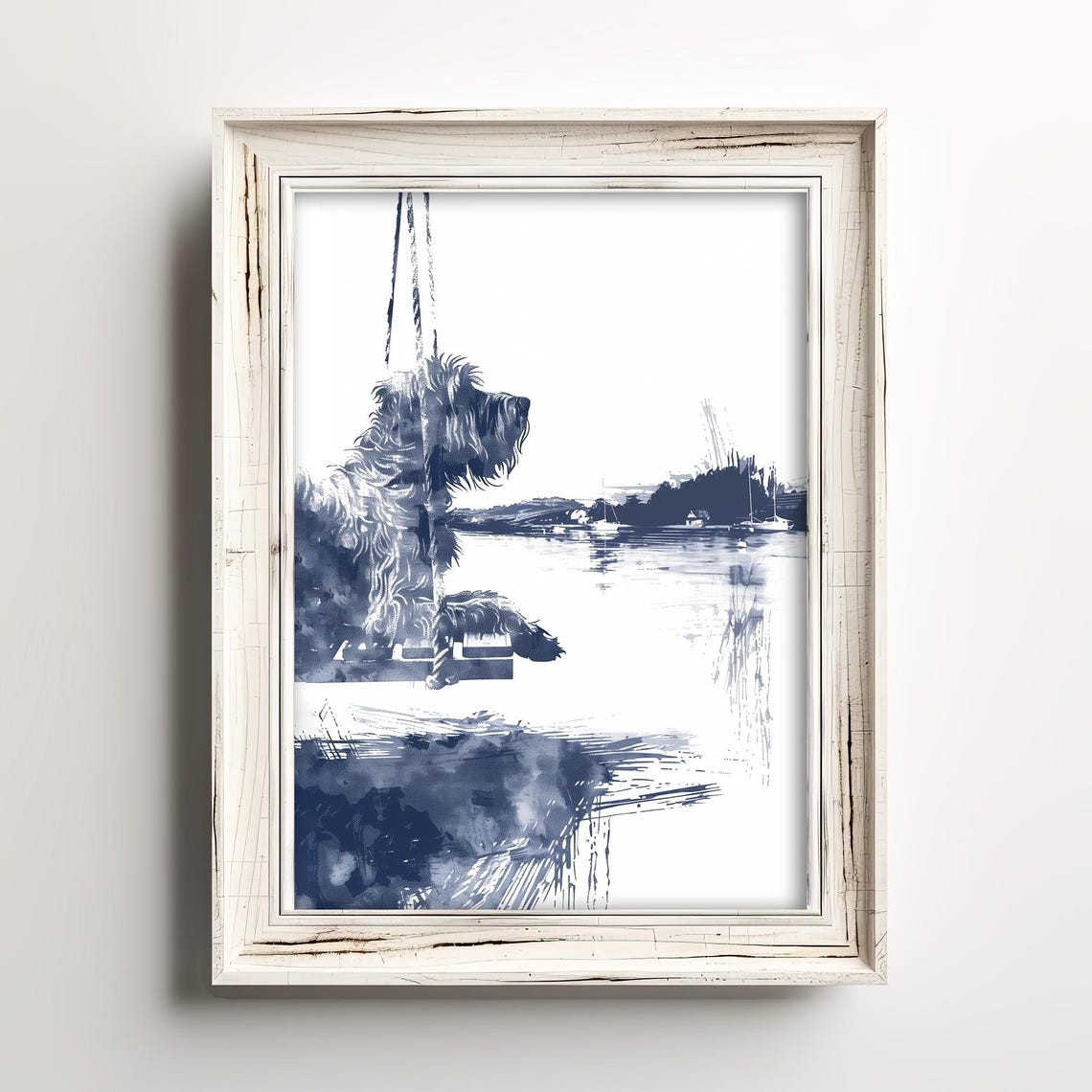 Shaggy Dog On Dock Lakeside Navy Blue Watercolor Sketch Poster