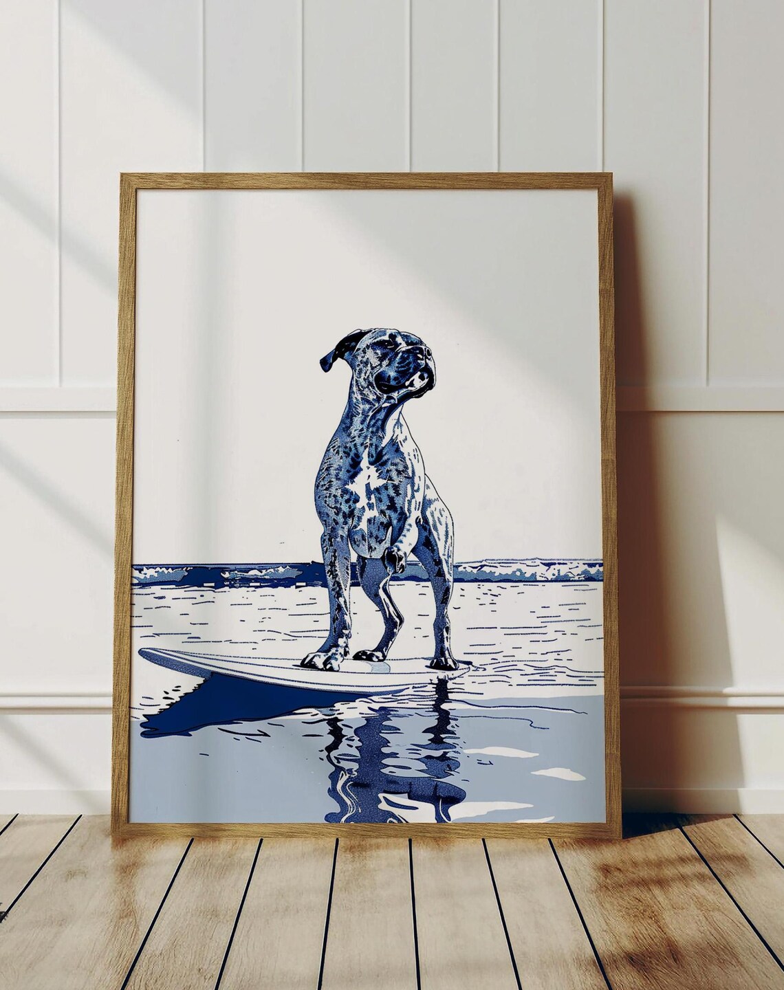 Boxer Dog Surfing On Surfboard Coastal Art Print