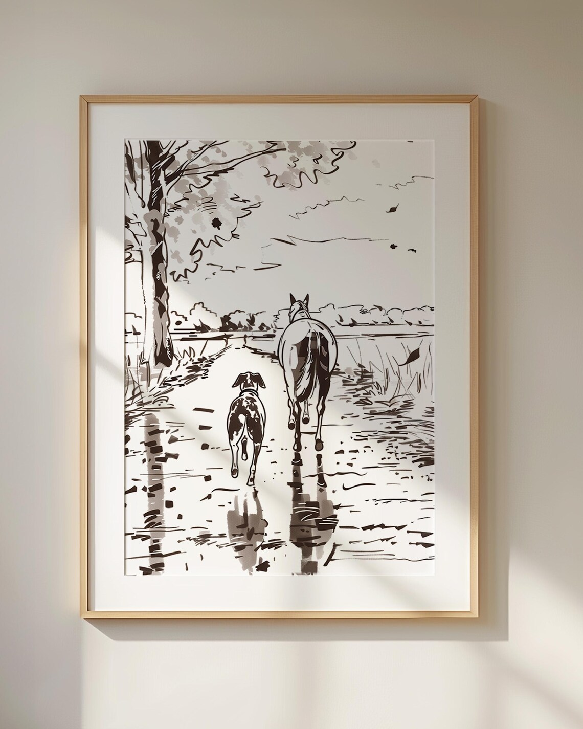 Horse Dog Walk Equestrian Lover Art Print, Texas Fall