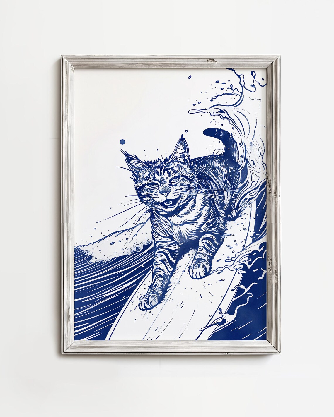 Surfing Tabby Cat Riding Ocean Wave Blue Ink Whimsical Beach Cat Poster