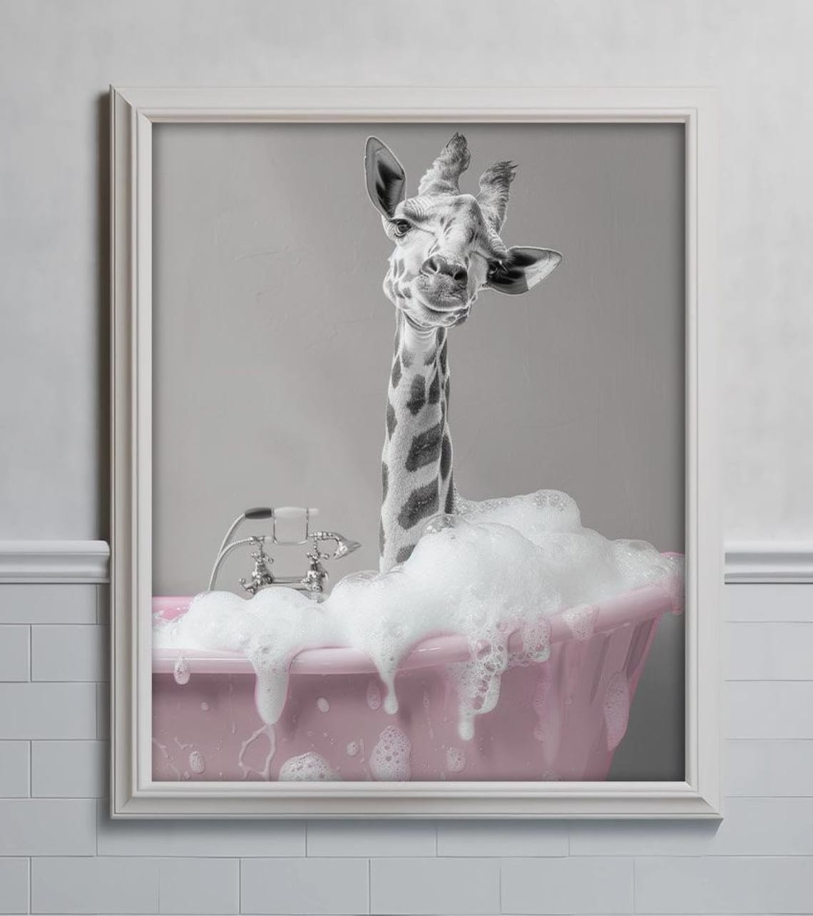 Giraffe In Pink Bubble Bath Whimsical Spa Day Funny Bathroom Animal Poster