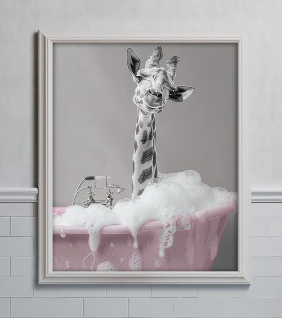 Giraffe In Pink Bubble Bath Whimsical Spa Day Funny Bathroom Prints Animal Lovers Gift Cute Powder Print