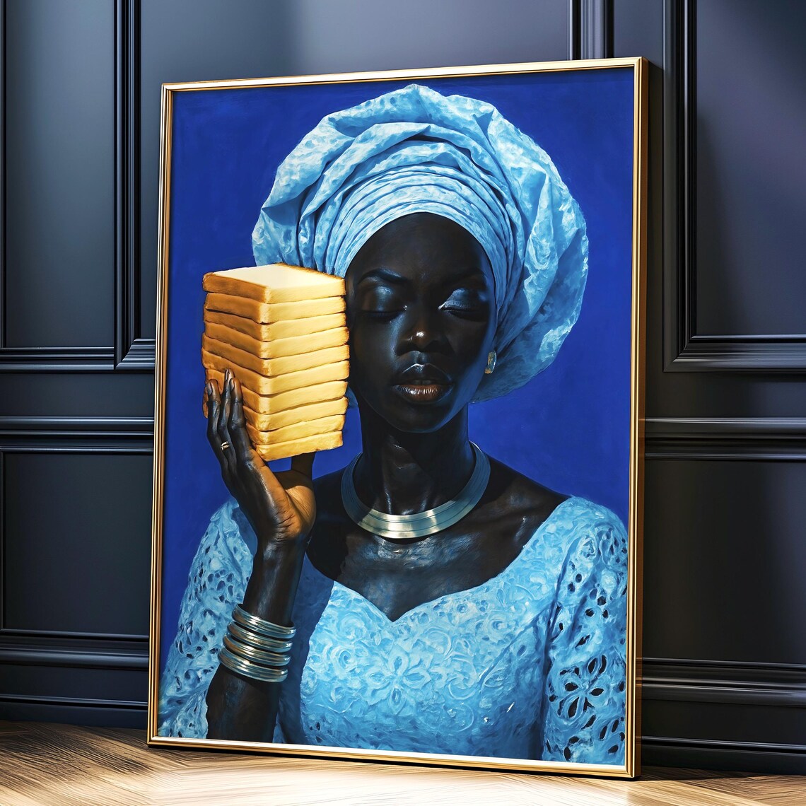 Blue Lace African Woman Holding Bread Loaf Portrait Bold Blue Art Poster