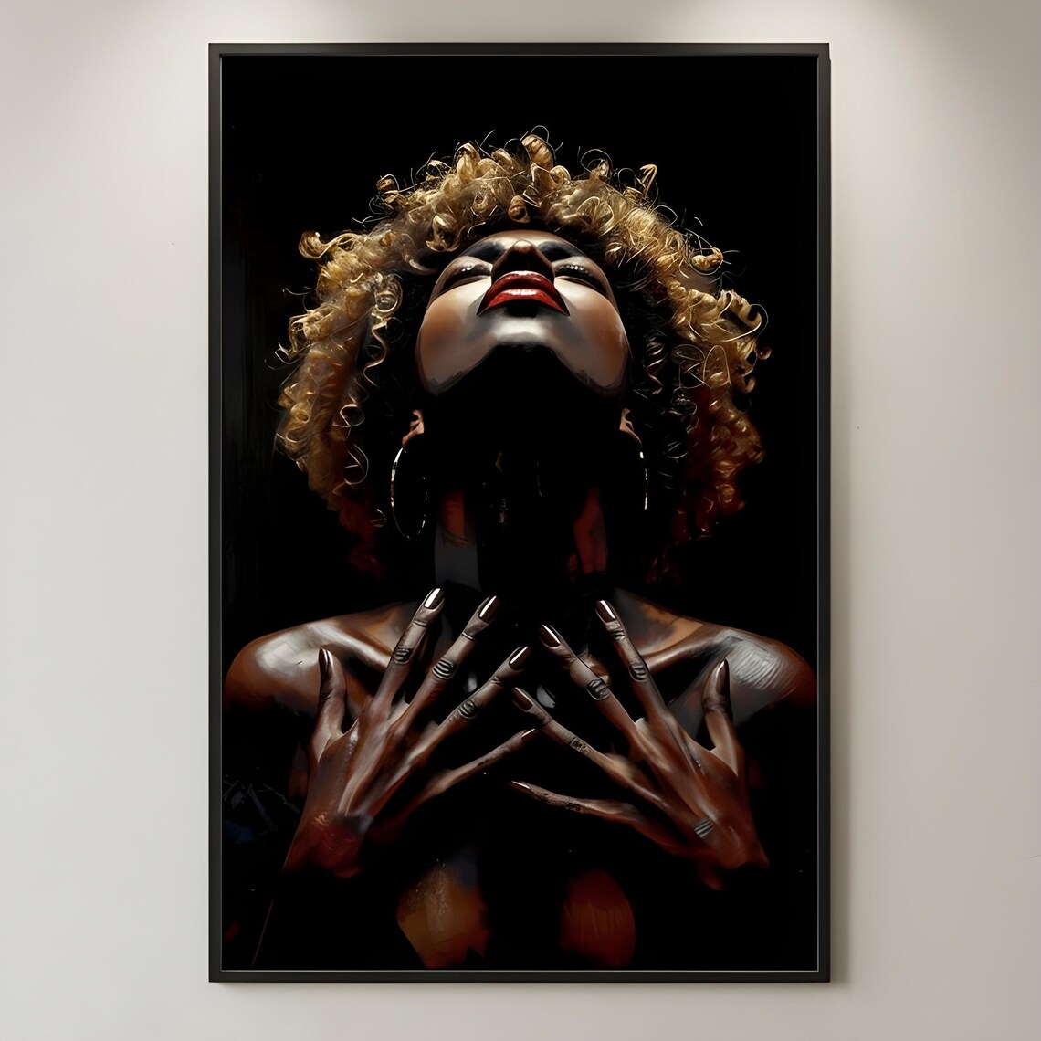 Dramatic Black Woman Blonde Curls Red Lips Chiaroscuro Portrait Art Poster