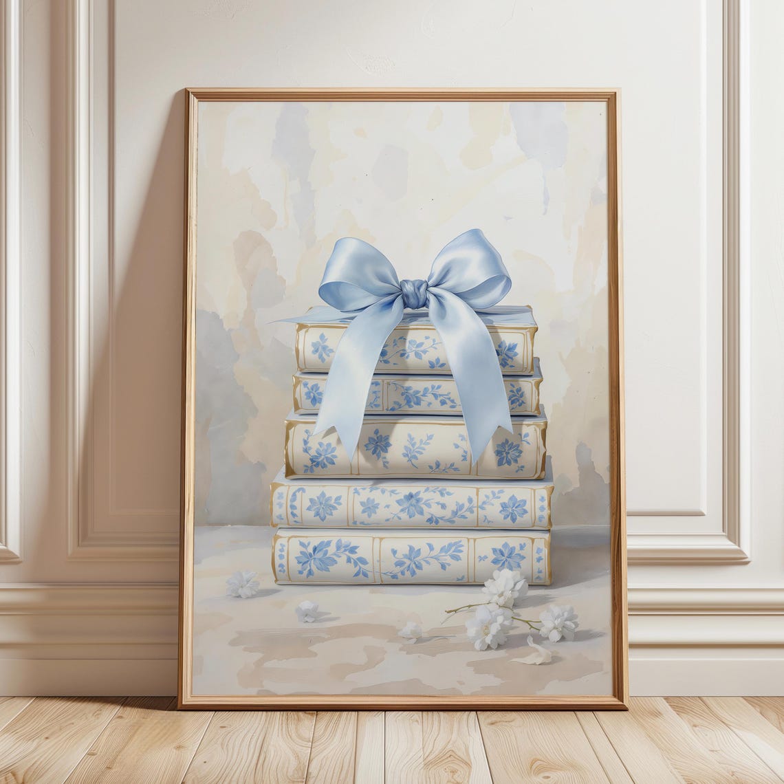 Blue Chinoiserie Books Stack Satin Bow Library Decor Wall Art