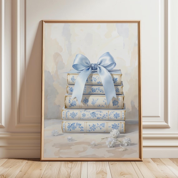 Blue Chinoiserie Books Stack Satin Bow Library Decor Wall Art