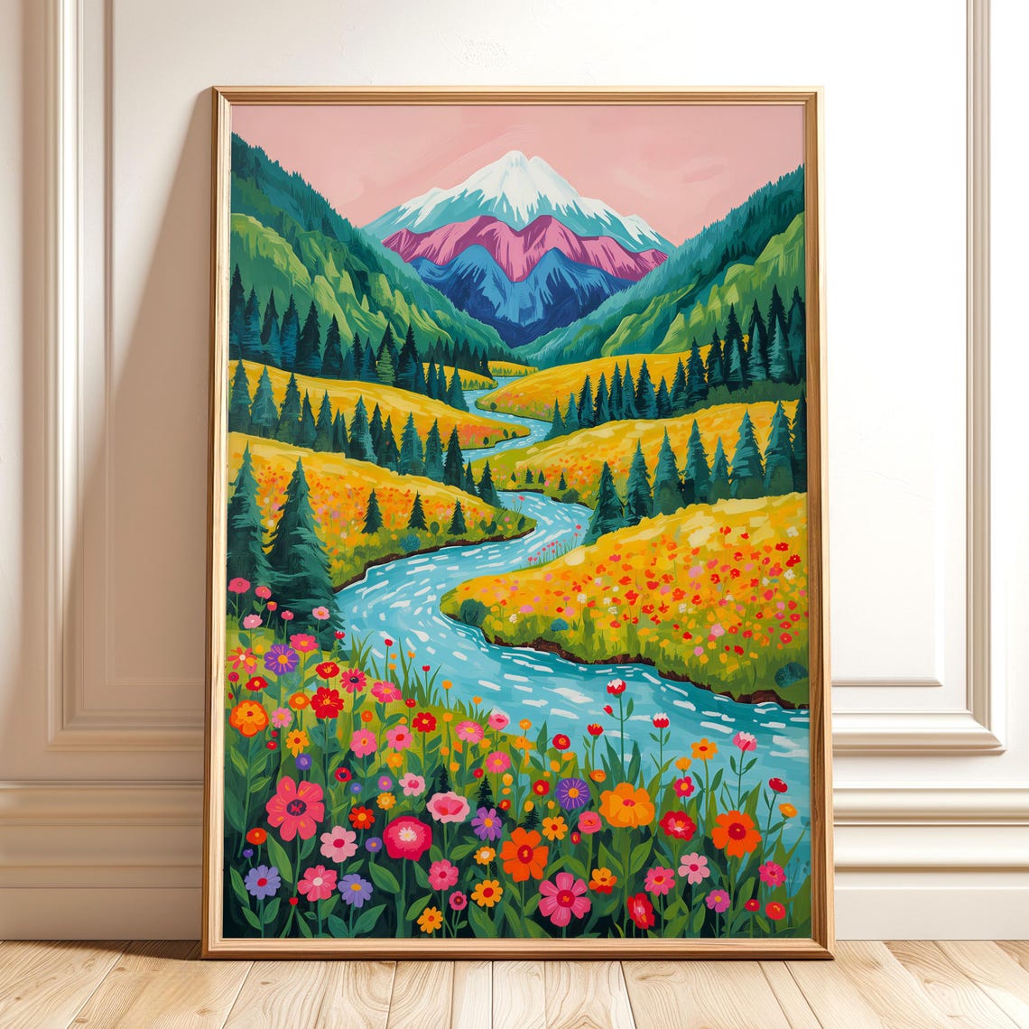 Colorful Mountain Valley Winding River Wildflower Landscape Art Print