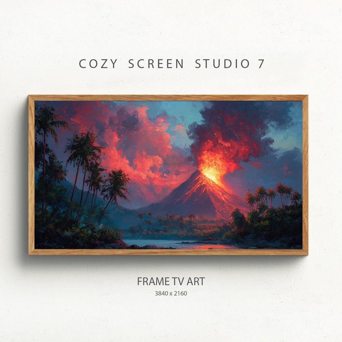 Volcano Lava Eruption Tropical Night Coast Painting Wall Art