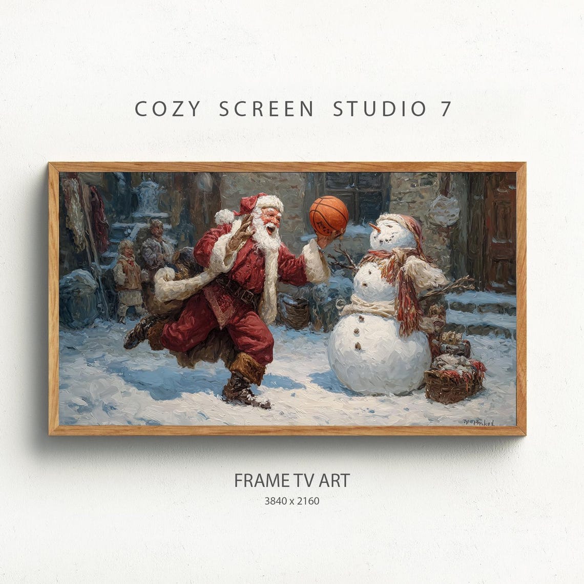 Funny Santa Claus Playing Basketball With Snowman Winter Poster