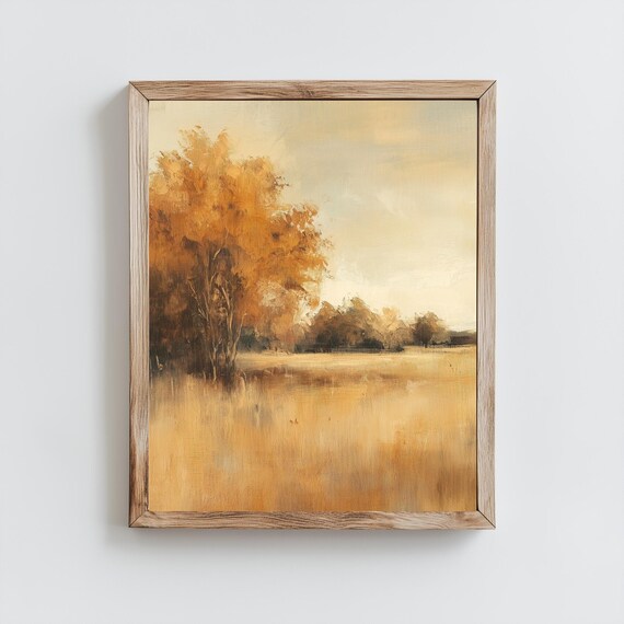 Golden Autumn Trees Field Hazy Vintage Fall Landscape Painting Poster