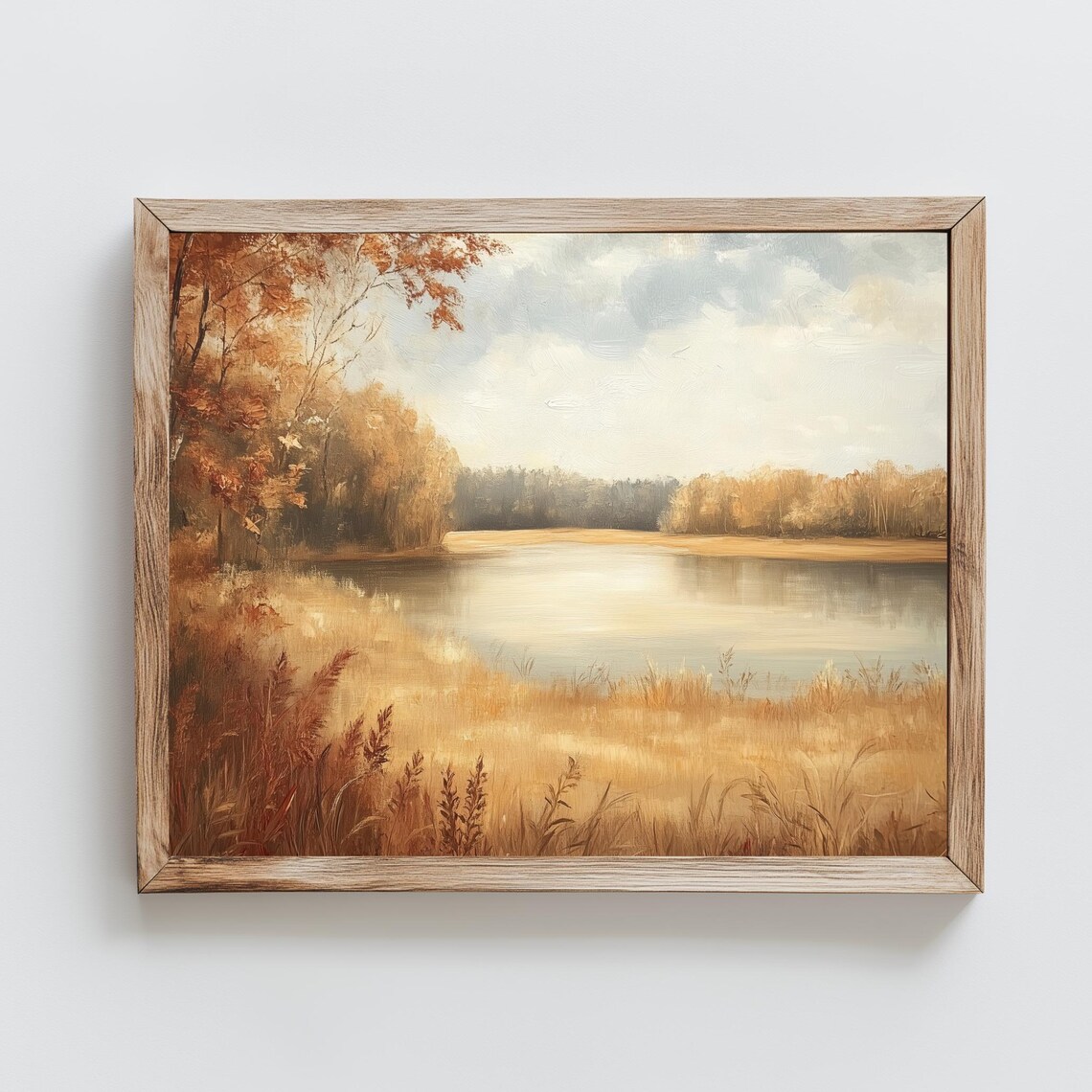 Autumn Lake Golden Grasses Orange Trees Reflective Vintage Painting Poster - Image 2