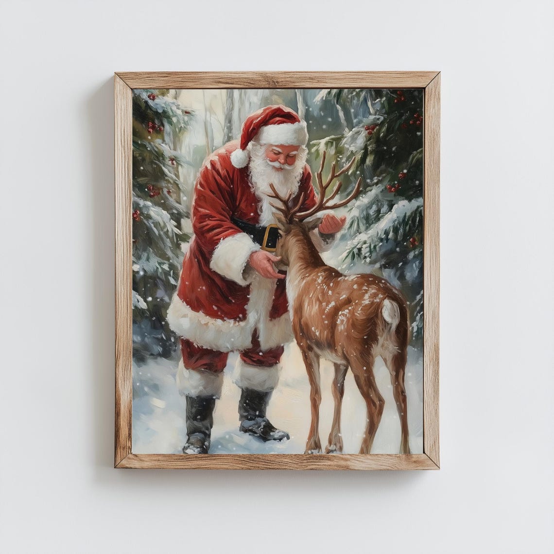 Santa Claus Feeding Reindeer in Snowy Woods Vintage Christmas Poster