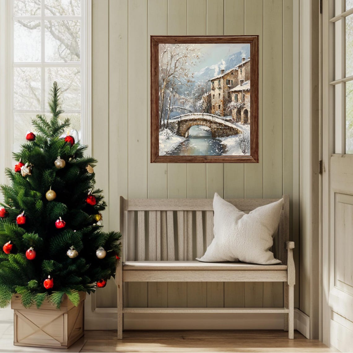 Snowy European Old Stone Village Bridge Stream Vintage Winter Poster - Image 2
