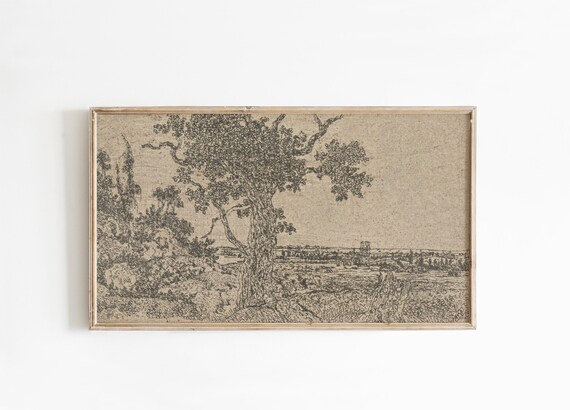 Antique Landscape Sketch Vintage Tree Countryside Ink Drawing Poster