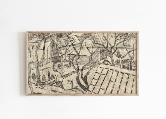 Black Ink Sketch Village Rooftops Rustic Winter Drawing Poster
