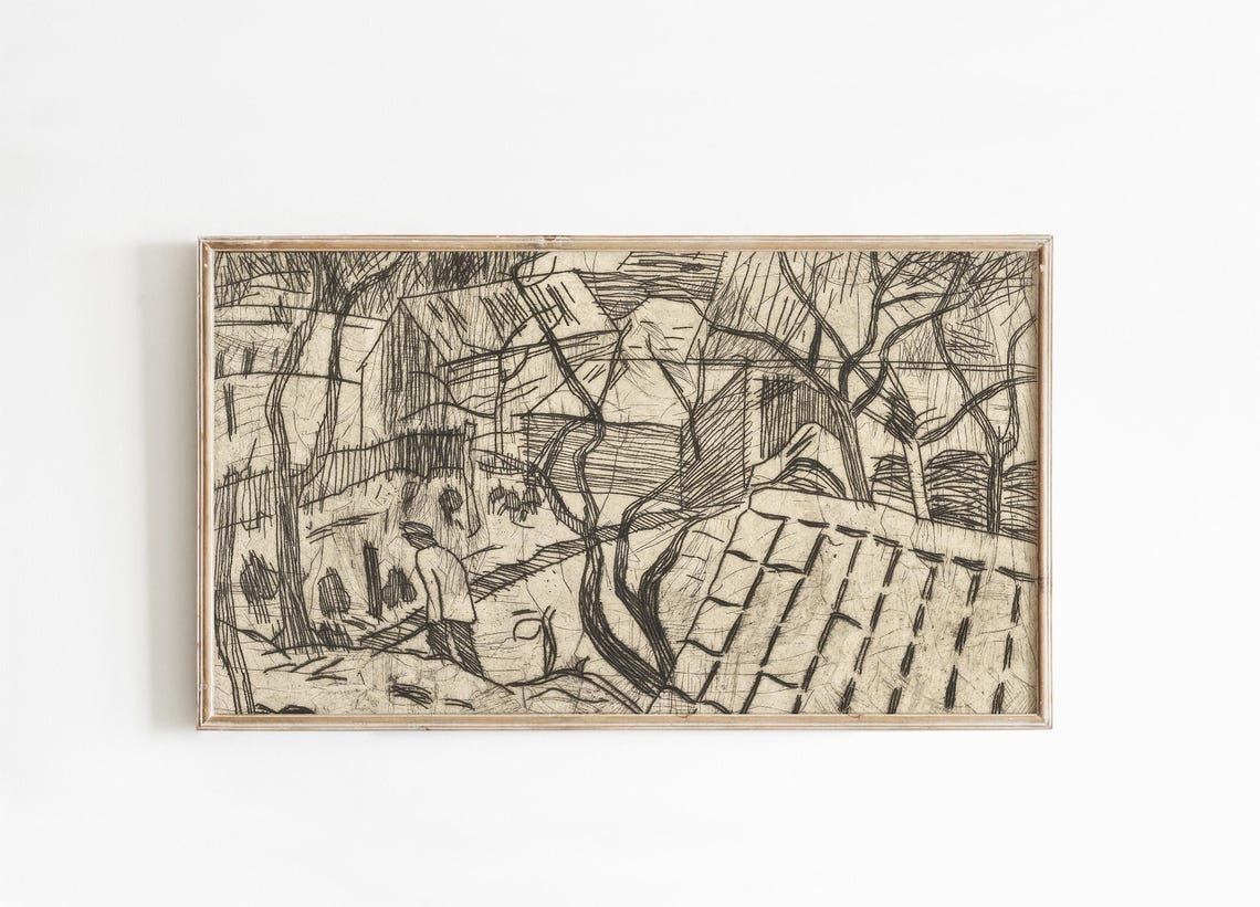 Black Ink Sketch Village Rooftops Rustic Winter Drawing Poster