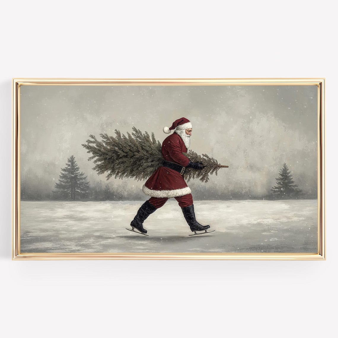 Santa Ice Skating With Christmas Tree Vintage Snowy Scene Poster - Image 2