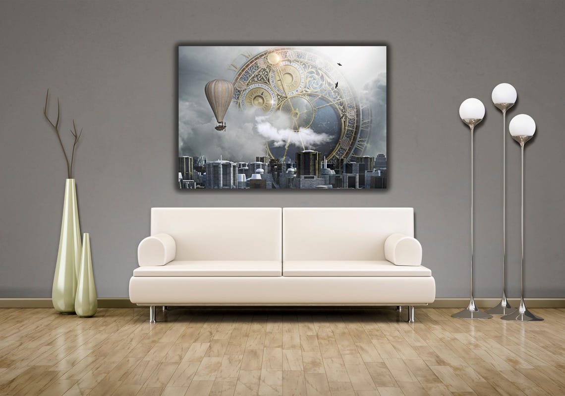 Steampunk Clock Hot Air Balloon City Surreal Collage Art Poster - Image 2
