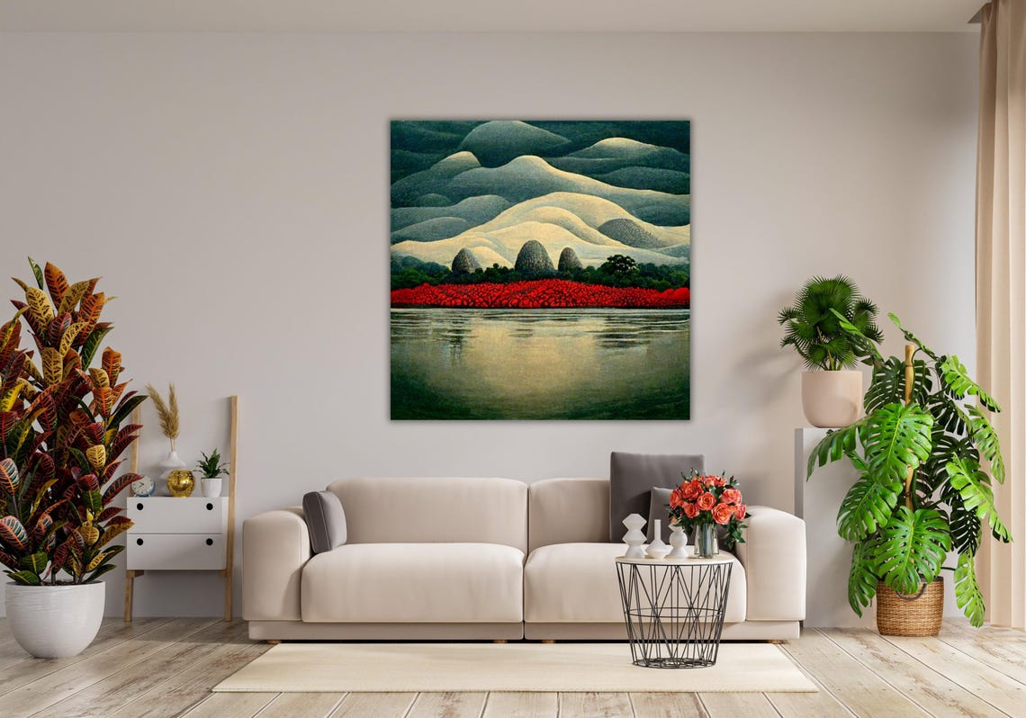 Moonlit Desert Dunes Red Poppy Field Lake Reflection Landscape Poster - Image 3