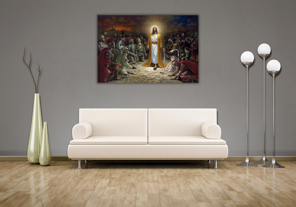 Jesus Christ with Kneeling Soldiers from Every Era Religious Art Poster - Image 3
