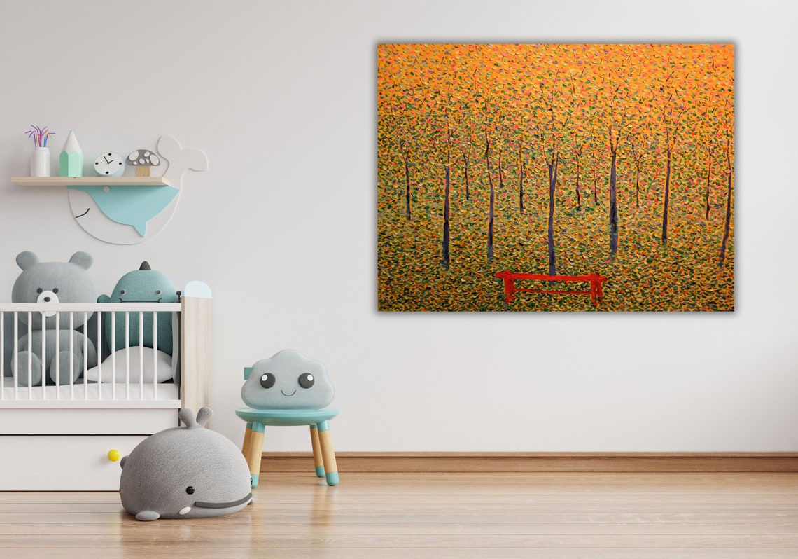 Pointillist Autumn Forest with Red Bench Impressionist Poster - Image 2