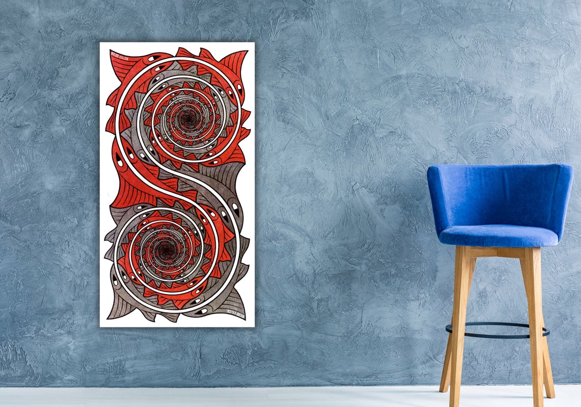 Escher Whirlpools Vertical Spiral Fish Optical Illusion Art Poster - Image 3