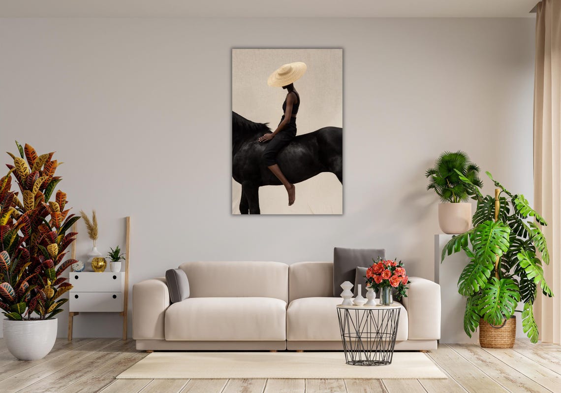 Black Woman with Straw Hat Riding a Black Horse Fashion Poster - Image 2