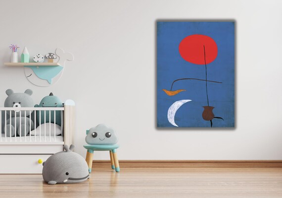 Surrealist Red Sun and Moon Blue Abstract Joan Miro Style Art Poster