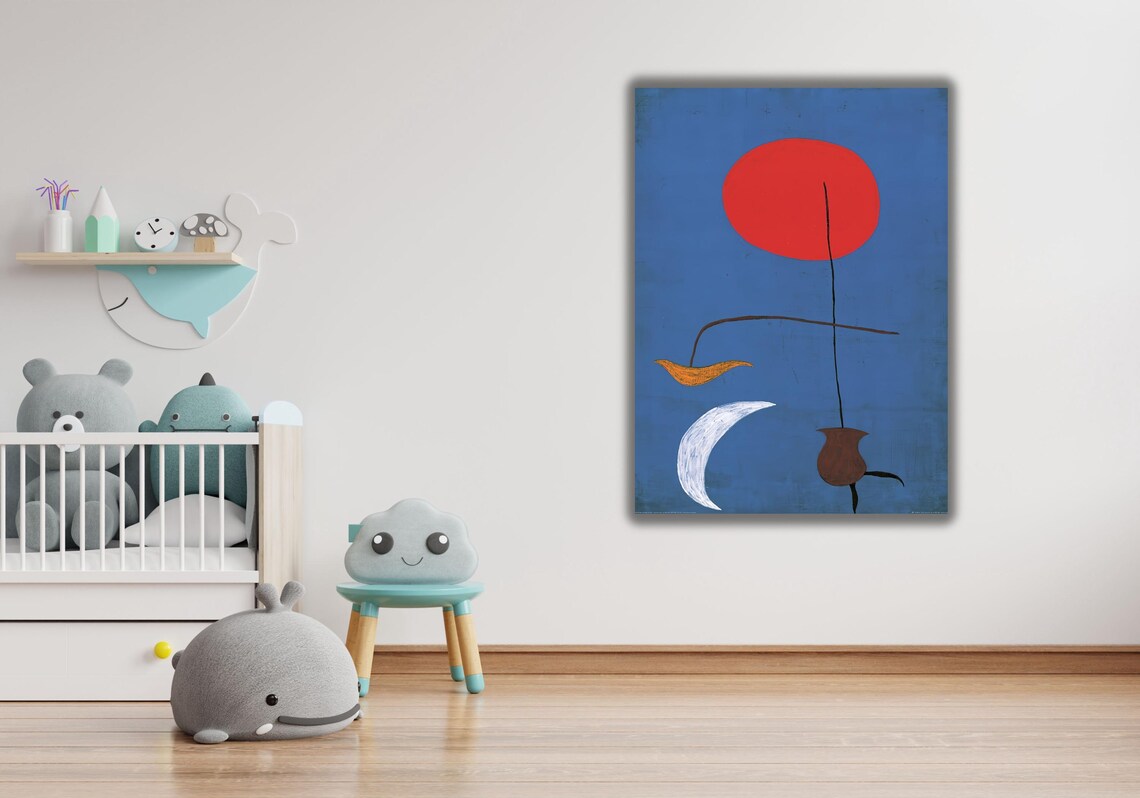Surrealist Red Sun and Moon Blue Abstract Joan Miro Style Art Poster