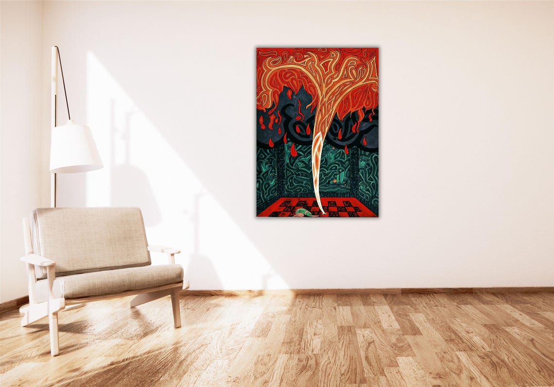 Surreal Flaming Tree Erupting Through Checkered Floor Fantasy Poster - Image 2