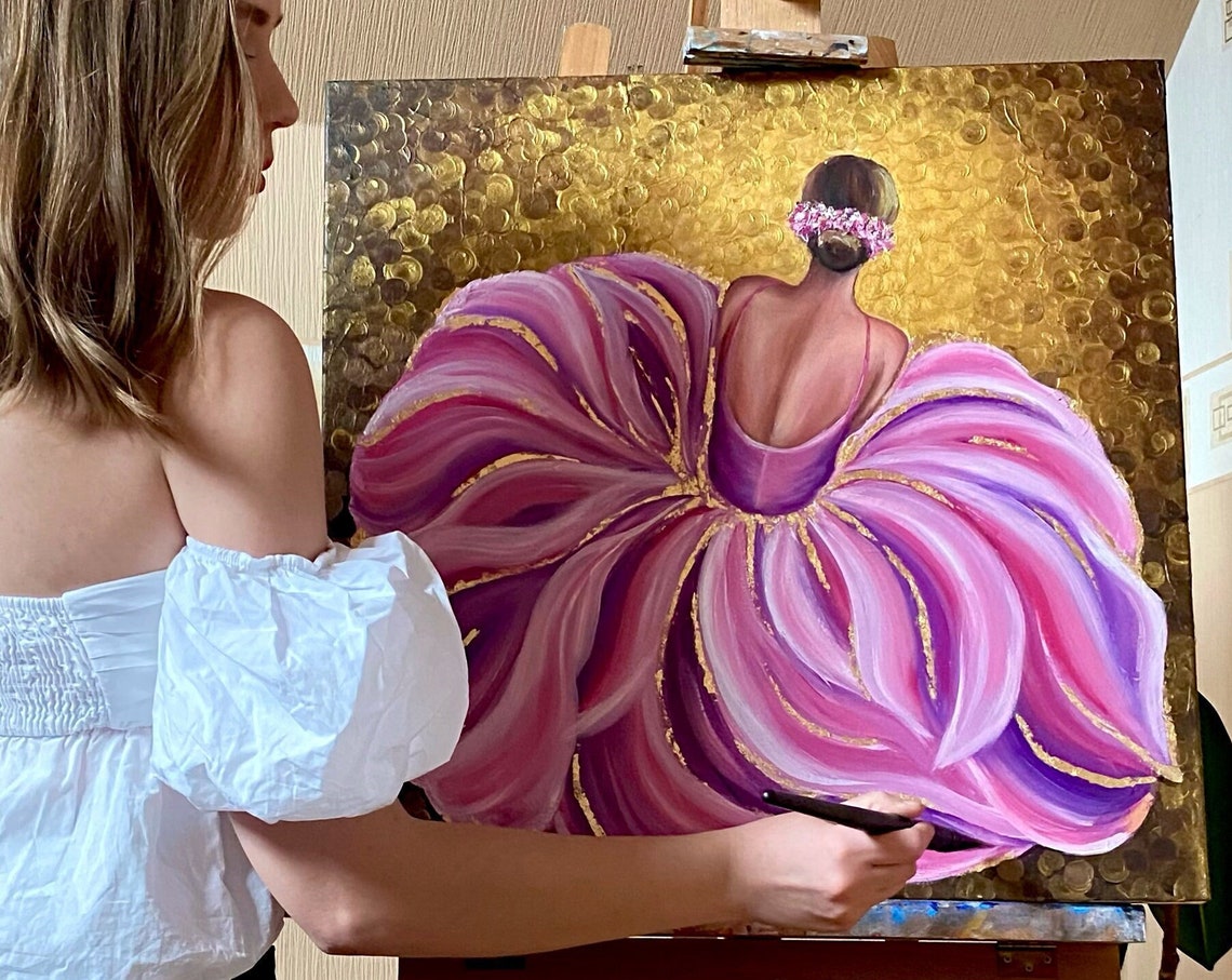 Pink Ballerina Oil Painting Original Pink And Gold Ballerina Wall Art Modern Dress Painting Girly Art Sitting Ballerina Painting On - Image 3