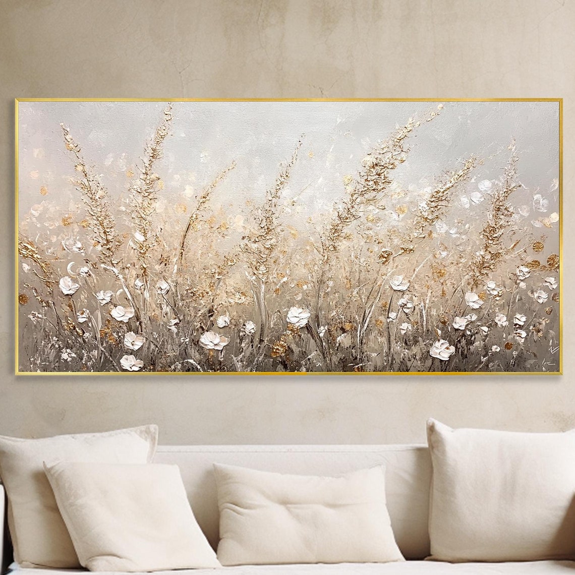 White Wildflowers And Gold Field Textured Rustic Meadow Art Poster