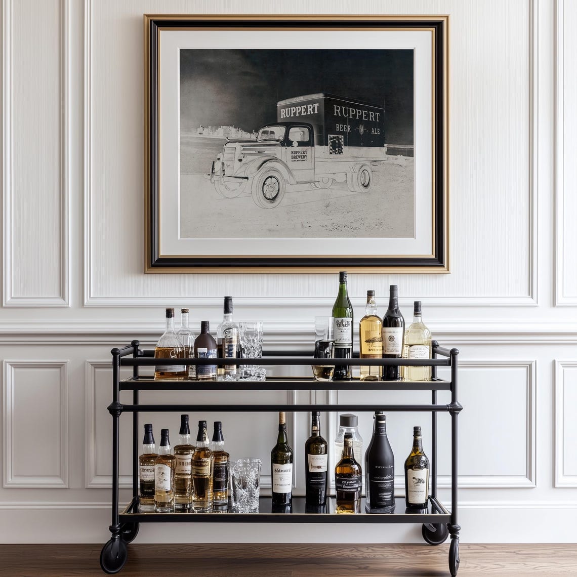 Classic Bar Cart Black And White Minimalist Vintage Sketch Wall Art - Image 3