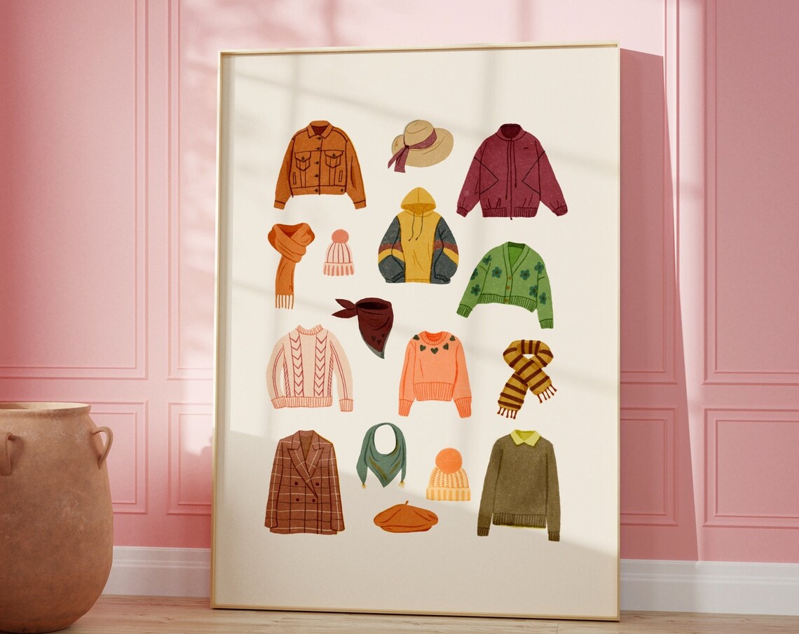 Autumn Fashion Flat Lay Cozy Sweaters Scarves Hats Fall Art Poster