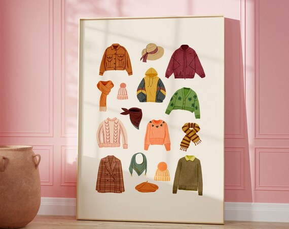 Autumn Fashion Flat Lay Cozy Sweaters Scarves Hats Fall Art Poster