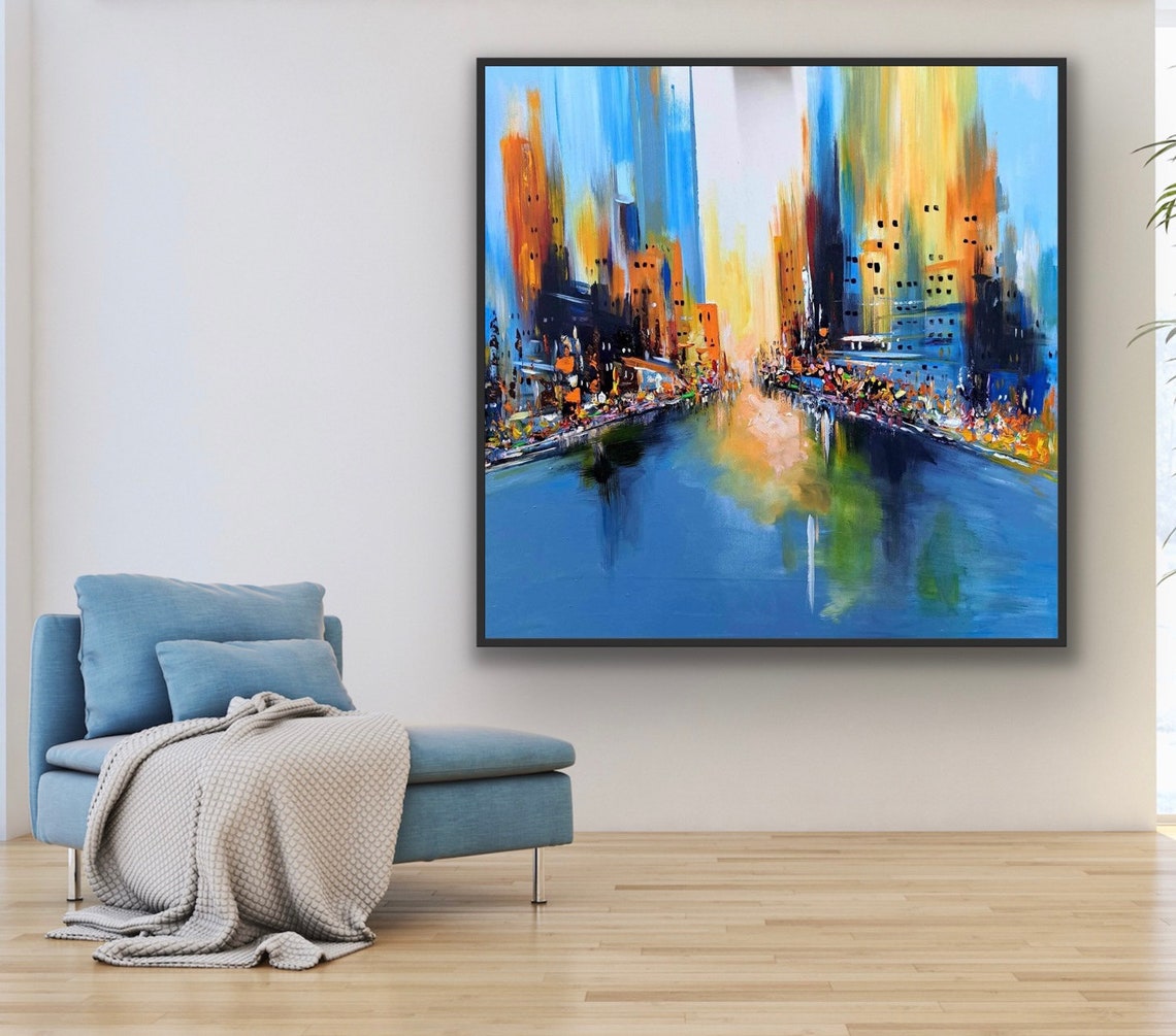 Abstract Blue City Canal Square Modern Cityscape Oil Painting Poster - Image 3
