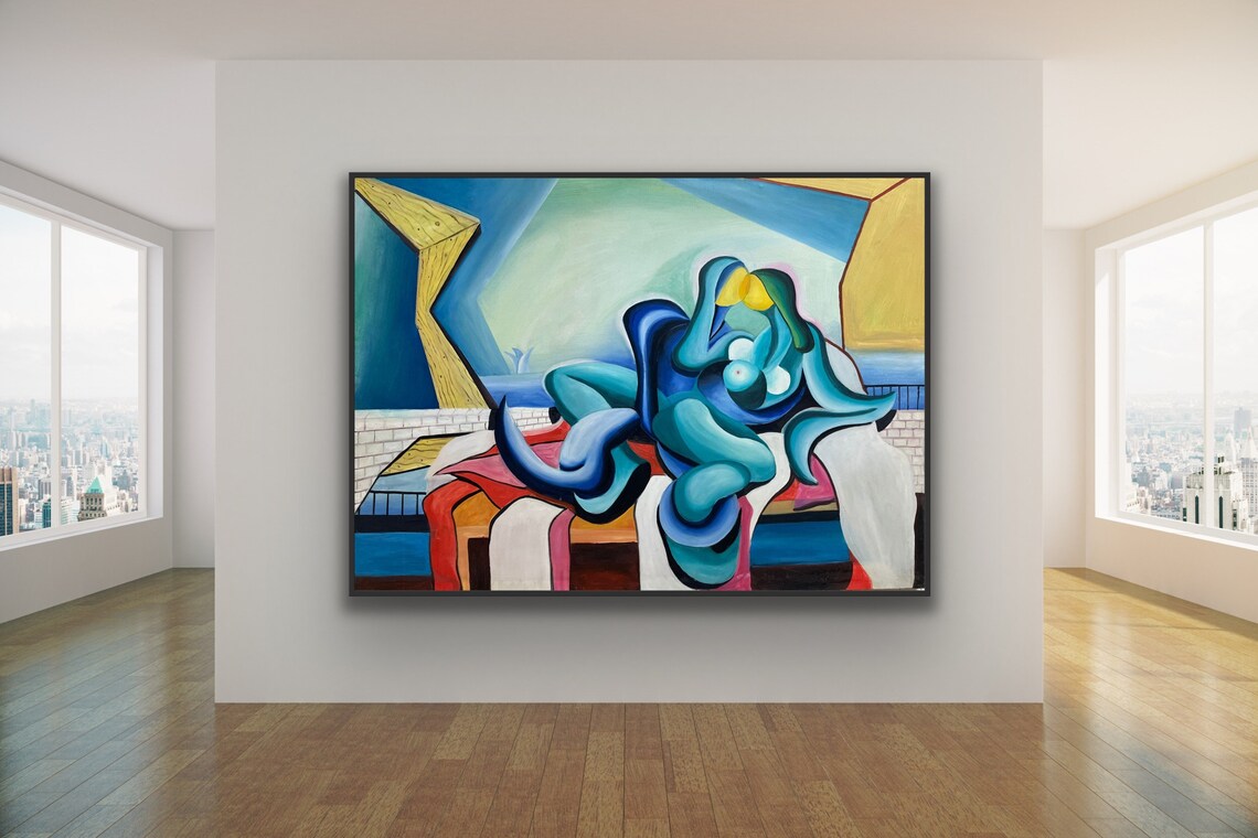 Colorful Cubist Blue Reclining Woman Yellow Hat Painting Poster - Image 2